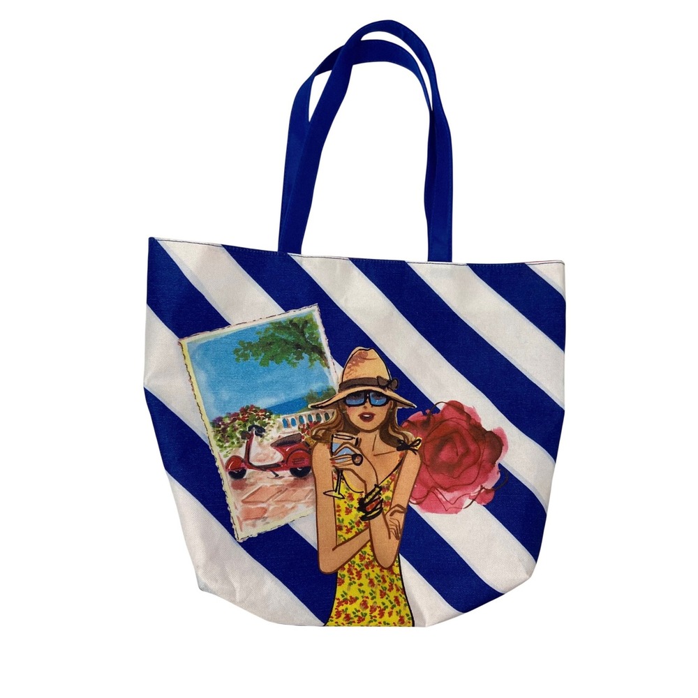 Lancôme Paris Blue White Striped Tote Bag Beach Travel Shopper‎ Graphic